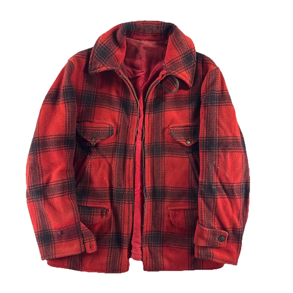 Vintage 40s/50s Jacket Men's Large Red Plaid Hunting Leather Wool Distressed*